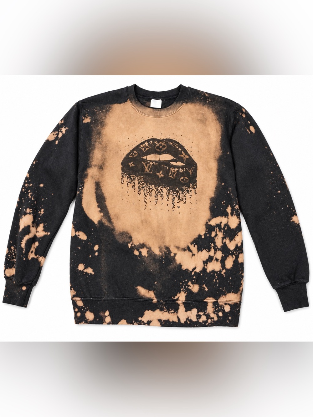 LV print Black & Tan Bleach-Effect Crewneck Sweater